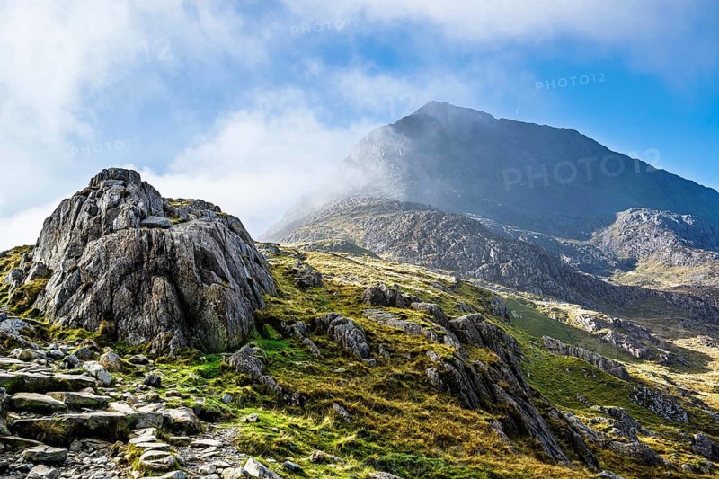 Autumn colours of Pen-y-Pass over Miner's Track, Start Point and road A4086, Snowdonia, Wales, UK