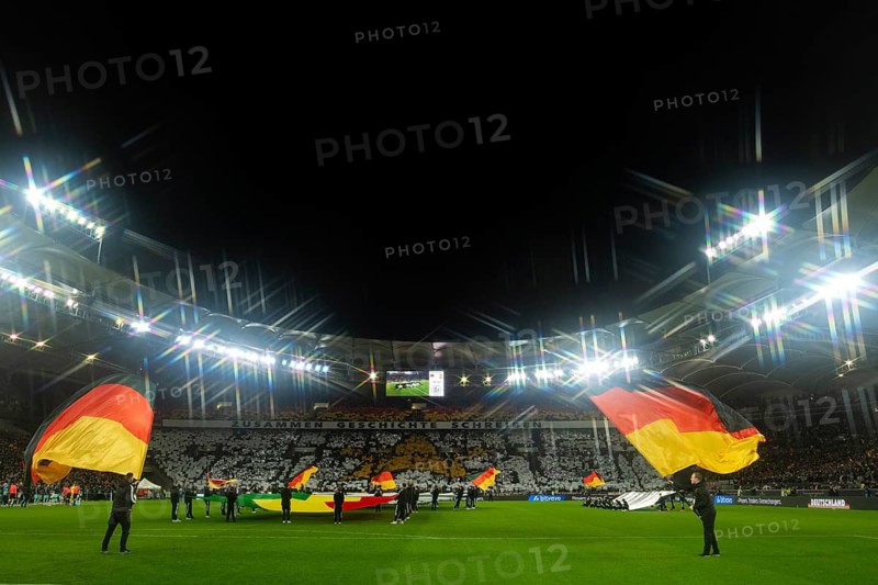 Choreo, choreography, fan action flags national flag, German, floodlight, star effect, atmosphere, soccer DFB international match Germany GER vs Ghana GHA friendly match test match MHPArena, MHP Arena Stuttgart, Baden-Württemberg, Germany