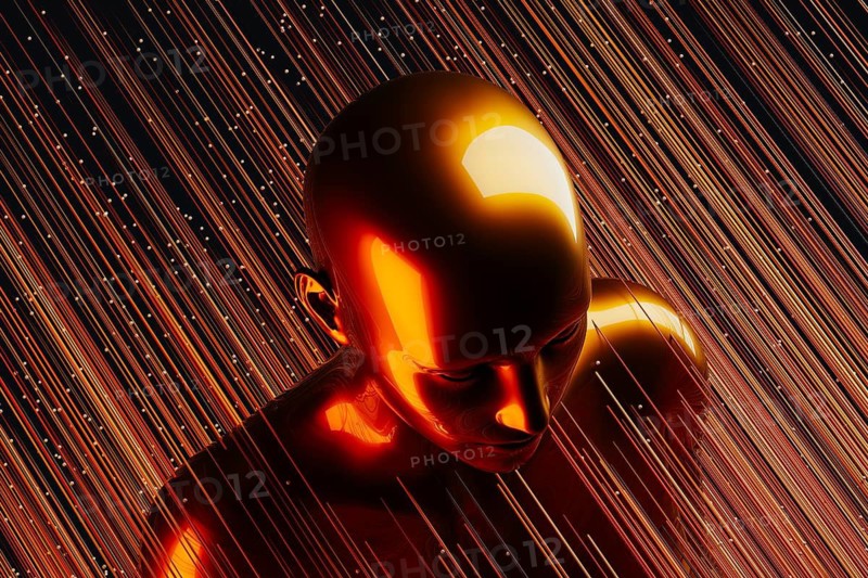 A sleek metal humanoid stands against a backdrop of vibrant, swirling lines representing artificial intelligence and technology concepts