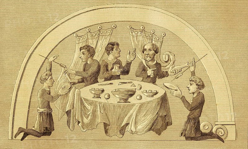 Round table set with food, Anglo-Saxon period, bowls, cups, plates, servants, gentlemen, high social status, curtain, England, Great Britain, steel engraving, historical illustration 1842