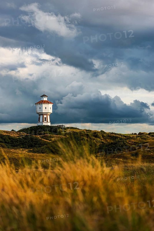 Water tower, clouds, weather, gloomy, cloudy, cloudy sky, storm, stormy, dune landscape, North Sea island, Langeoog, Germany