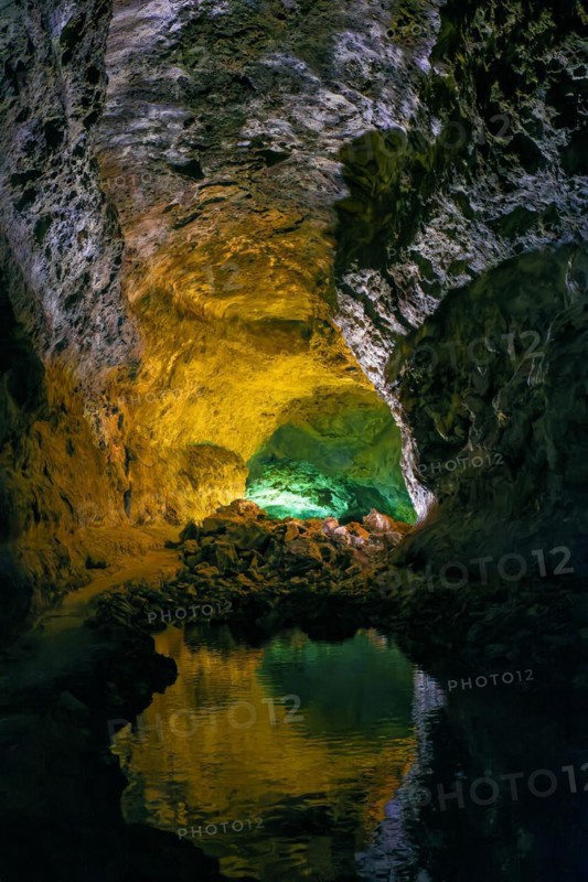 Lava tunnel Cueva de los Verdes with the light installation by Jesús Soto, Costa Teguise, Lanzarote, Canary Islands, Canary Islands, Spain