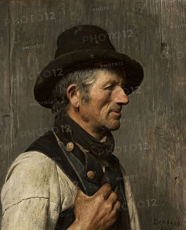 Painting, Reproduction of the painting, Work of art, Historical, Franz Seraph Lenbach, since 1882 Knight of Lenbach (born 13 December 1836 in Schrobenhausen, died 6 May 1904 in Munich), German painter, Munich painter prince, here his work:, portrait of a peasant in a hat (1861), Portrait of a peasant with a hat, Portrait of an elderly man in profile with a traditional hat, peasant-looking