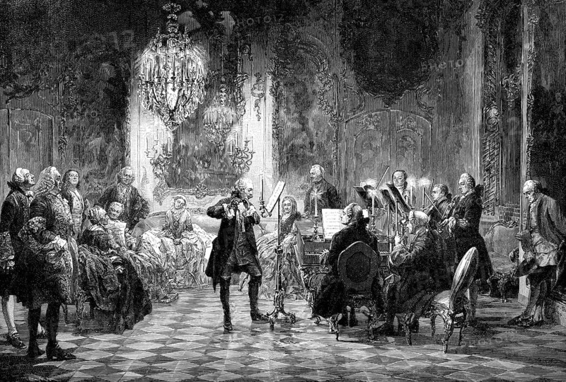 Flute concert with Frederick II or Frederick the Great or Alter Fritz, 1712 - 1786, King of Prussia and Elector of Brandenburg, Flötenkonzert von Friedrich II. oder Friedrich der Große oder der Alte Fritz, 1712 - 1786, König von Preußen und Kurfürst von Brandenburg