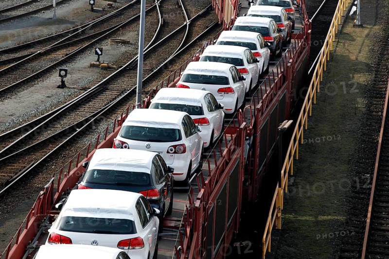 Wolfsburg, DEU, 250211 - Car transport wagons with new Volkswagen Golf and Tiguan vehicles on the Volkswagen factory premises, Wolfsburg, Germany