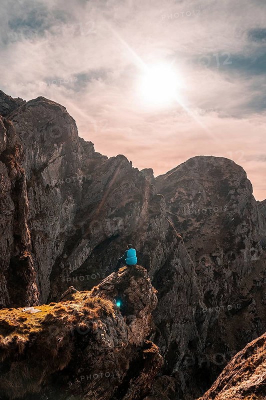 A hiker at the top of the mountain of Aiako Harria or Peñas de Aya in the town of Oiartzun, Guipúzcoa. Basque Country