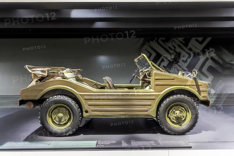 Porsche Museum Stuttgart-Zuffenhausen. Porsche Type 597 hunting car built in 1956. The automotive museum of Dr. Ing. h.c. F. Porsche AG shows racing cars and iconic cars from automotive history. Since opening in 2009, it has attracted over 6.5 million visitors. interior view. Stuttgart, Baden-Württemberg, Germany