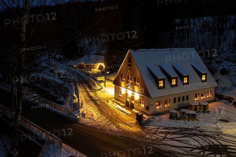 Aerial view of entrance building and mouth hole from Markus-Röhling-Stolln visitor mine, atmospheric twilight view, Frohnau, Annaberg-Buchholz, Ore Mountains, Saxony, Germany