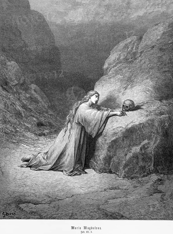 Mary Magdalene, Gospel of John, mountain landscape, skull, woman, kneeling, grief, Christian religion, Bible, New Testament, steel engraving Doré, historical illustration 1885