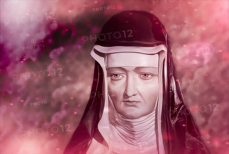 Figure of Hildegard of Bingen, Sibyl of the Rhine, 1098 – 1179, German Benedictine abbess and polymath, digitally edited
