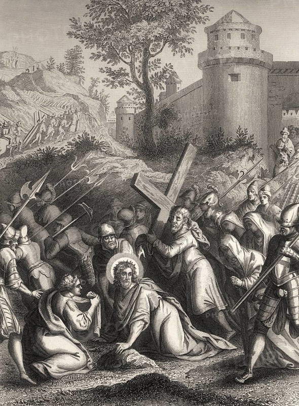 Jesus Christ Carrying the Cross to Mount Calvary, New Testament, steel engraving 1853, digitally restored