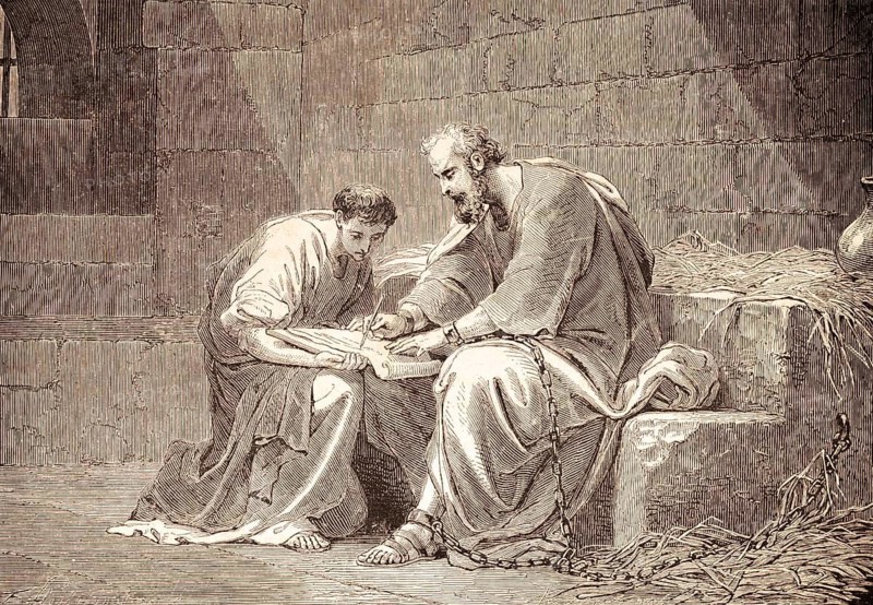 Paul writes the letter to the Ephesians, Paul's epistle to the Ephesians, New Testament, prison, chain, pen, paper, ray of light, Bible, historical illustration 1850