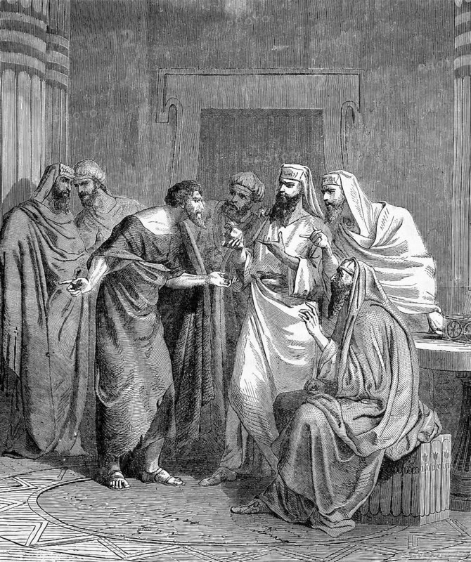 Judas Iscarioth deals with the high priests, chapter 26, verse 15, Matthew Gospel, betrayal of Jesus, bribery, twelve pieces of silver, coins, speech, counseling, interior, temple, New Testament, Bible, historical illustration 1850
