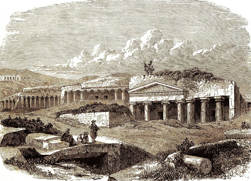 Ruins of the Cyrene necropolis, ancient Greek city in present-day Libya, UNESCO World Heritage, Acts of the Apostles, chapter 11, New Testament, rock façade tombs, rocks, tombs, columns, visitors, culture, temple, Bible, historical illustration 1850