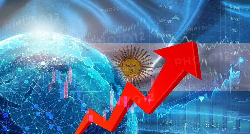Global economic growth with Argentinan flag. Financial growth with Argentina flag on economic background