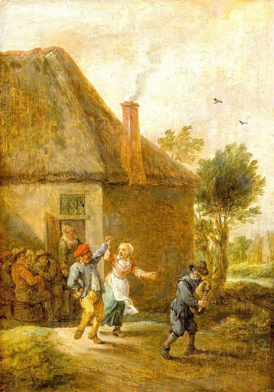 Peasants dancing in front of an inn (ca. 1642-1643), painting by David Teniers (baptised 15 December 1610 in Antwerp, died 25 April 1690 in Brussels), Flemish painter, draughtsman and curator. He was an innovator in a variety of genres such as history painting, genre painting, landscape, portrait and still life. He is most remembered today as the leading Flemish genre painter of his time, reproduction from a 17th century painting. Authentic, file restored for optimal use, exact date of original unknown