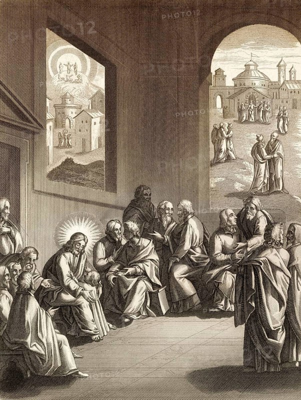 Jesus teaches the disciples about humilty and fraternal correction, steel engraving 1853, digitally restored