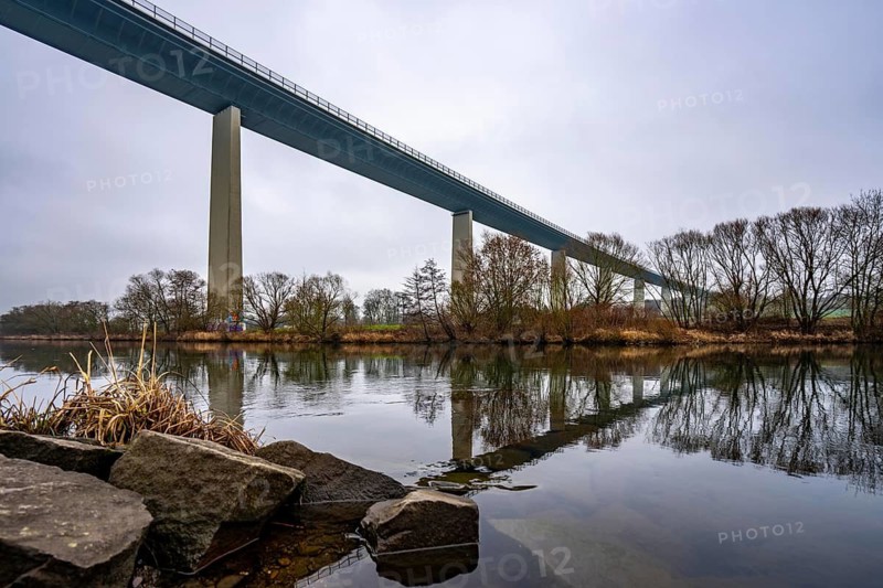 The Mintarder Ruhr Valley Bridge, A52 motorway bridge between Essen and Düsseldorf, longest steel road bridge in Germany, completed in 1966, 1830 meters long, 18 hollow pillars, highest point above ground is 65 meters, is used daily by more than 80, 000 vehicles, is considered dilapidated and is to be replaced, the bridge spans the Ruhr Valley, with the river Ruhr, between Essen-Kettwig and Mülheim an der Ruhr Hr, North Rhine-Westphalia, Germany