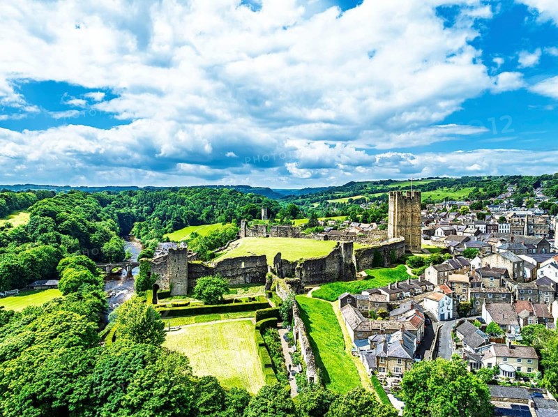 Richmond Castle from a drone, Richmond, Yorkshire Dales, North Yorkshire, England, United Kingdom