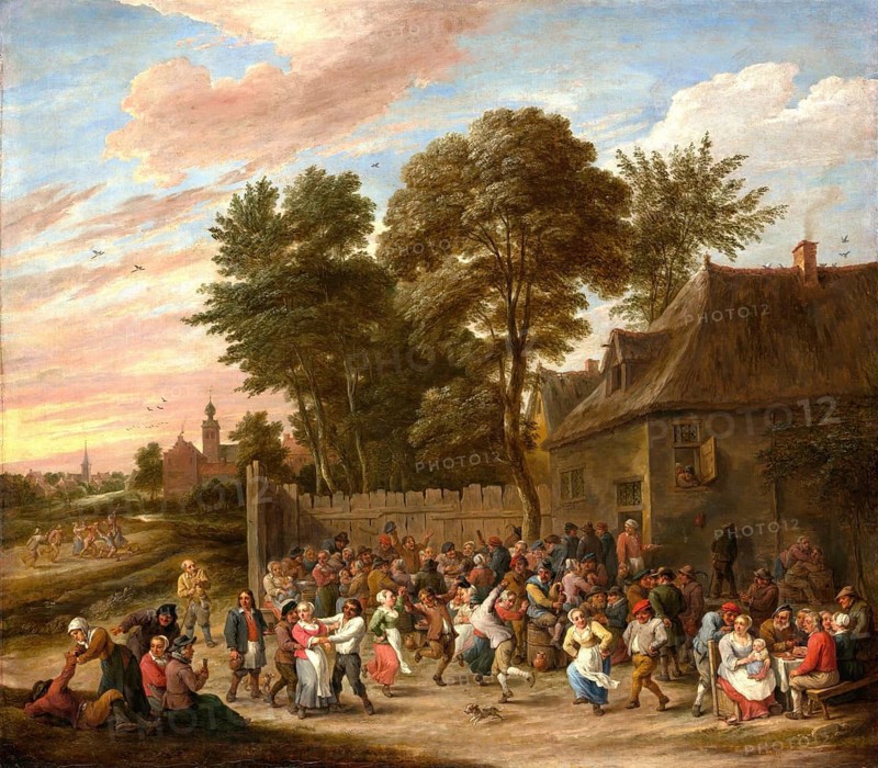 Peasants Dancing and Celebrating (ca. 1660), painting by David Teniers (baptised 15 December 1610 in Antwerp, died 25 April 1690 in Brussels), Flemish painter, draughtsman and curator. He was an innovator in a variety of genres such as history painting, genre painting, landscape, portrait and still life. He is most remembered today as the leading Flemish genre painter of his time, reproduction from a 17th century painting. Authentic, file restored for optimal use, exact date of original unknown