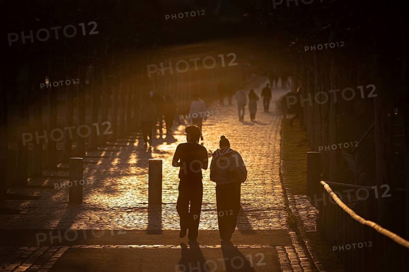 Several people walk in the evening at sunset on the banks of the Main in Frankfurt, in the area of the Wesel shipyard, Frankfurt am Main, Hesse, Germany
