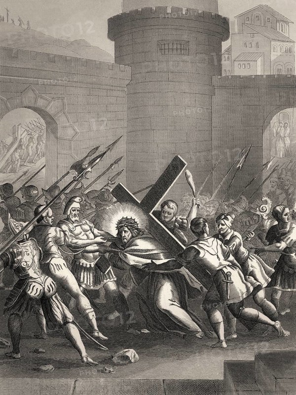 Jesus is led outside the gate to Mount Calvary, New Testament, steel engraving 1853, digitally restored