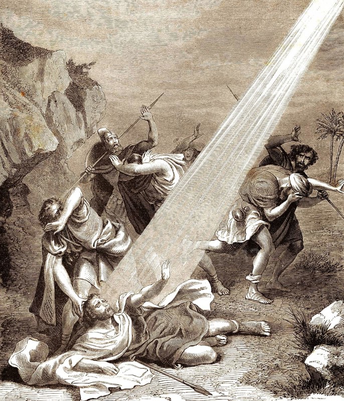 On the way near Damascus, he was suddenly surrounded by light from heaven, conversion of Saul, the Acts of the Apostles, chapter, verses 3-7, New Testament, falling earth, ground, hearing voice, Lord Jesus, stalking, trembling, fear, solidification, companions, weapons, spears, ray of light, brightness, fright, Bible, historical illustration 1850