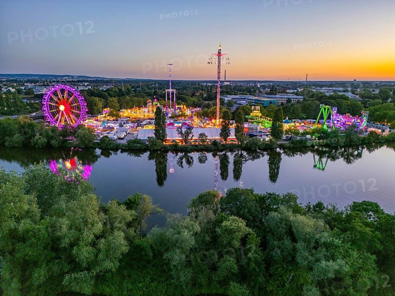 Aerial view, drone photo: Colourfully illuminated rides at the Main river festival, Aschaffenburg, Lower Franconia, Bavaria, Germany