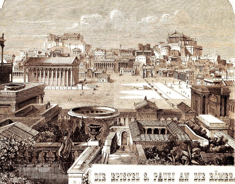 Rome, Epistle Paul to the Romans, New Testament, Capitol, Temple of Jupiter, Palatine Hill, Comitium, City Hall, Via Sacra, Saint Way, letter, title, Bible, historical illustration 1850