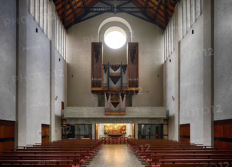 Interior photo, organ on gallery, including altar, altarpiece Mehrerau Mother of Mercy, monastery church, Mehrerau monastery, Wettingen Cistercian Abbey, Bregenz, Vorarlberg, Lake Constance, Austria
