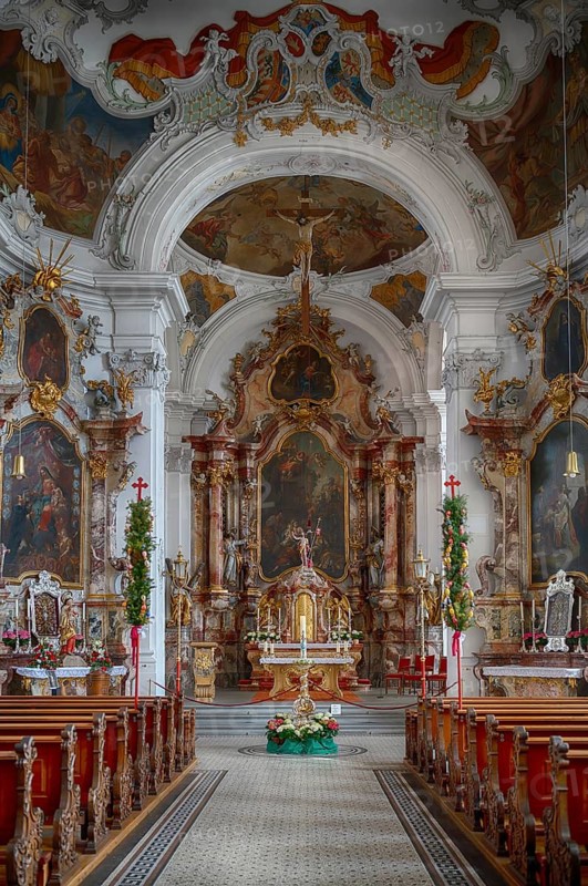 Interior view, nave, choir room, altar, Our Lady Cathedral, also collegiate church, Lindau, Bavaria, Lake Constance, Germany