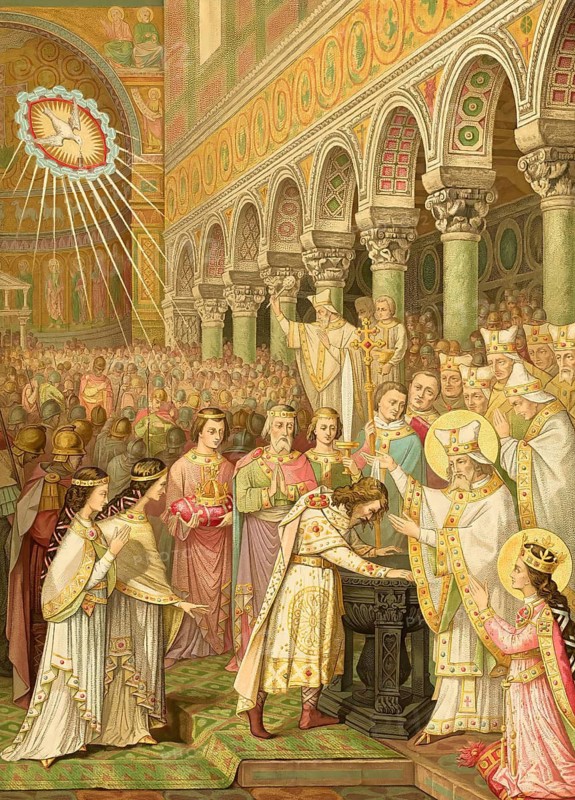 Baptism of Clovis by Saint Remigius, cathedral of Reims, 496, Clovis, Chlodovechus, Chlodwig I., Chlodowech, 466-511, King of the Franks of the Merovingian dynasty