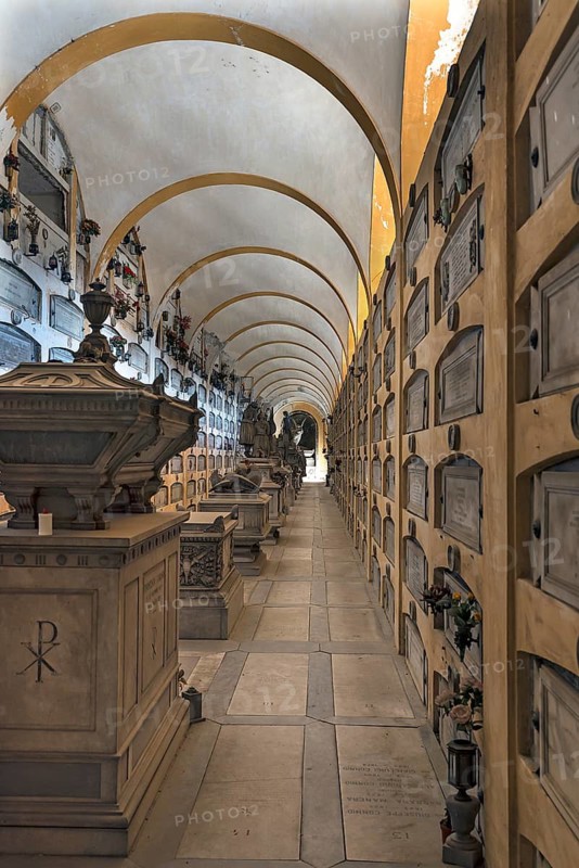 Covered tombs at the Monumental Cemetery, Cimitero monumentale di Staglieno), Genoa, Italy