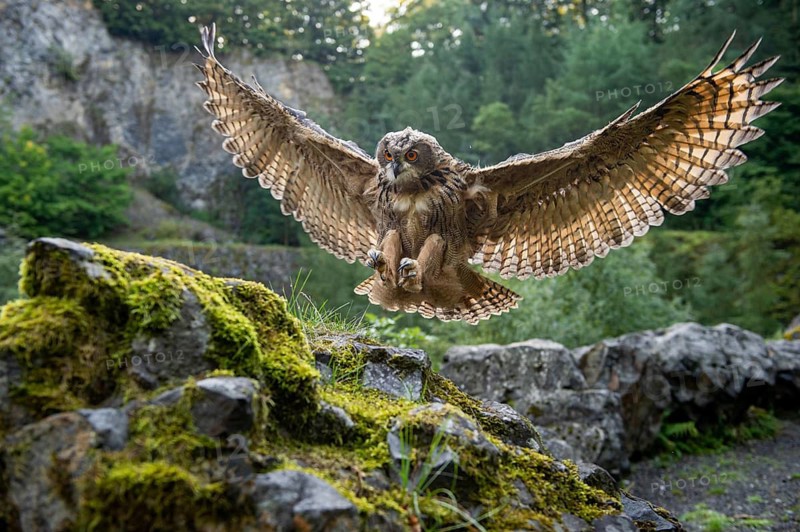 Eurasian Eagle-owl (bubo bubo) flying, Gerolstein, Rhineland-Palatinate, Germany