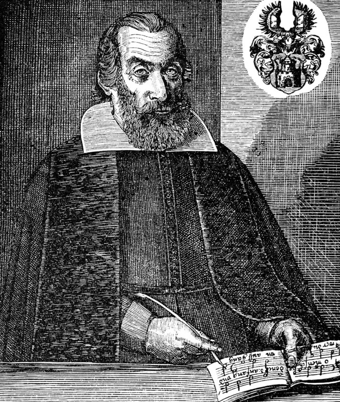 Johann Gottlieb Staden (1581-1609), author of numerous secular songs and musical comedies, differentiation from Italian opera, court organist to the Elector of Brandenburg, coat of arms, musical notes, quill pen, wide collar, friendly look, history of German music, historical illustration 1892