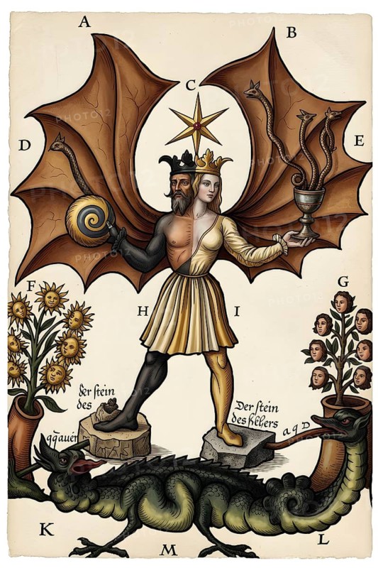 Unification of all contrasts, masculine and feminine combined in one body, historical illustration, digitally edited, man, woman, unity, philosophy, science