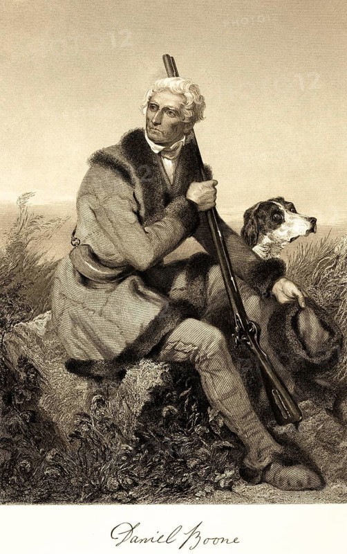 Daniel Boone (1734-1820) pioneer, settler, hunter, creator of the Wilderness Road, wilderness route, first connection over the Appalachians to the west, westward development, outdoors, sitting, rifle, dog, fur clothing, USA, portrait of famous Americans, signature, artist Alonzo Chappel, steel engraving, historical illustration 1862