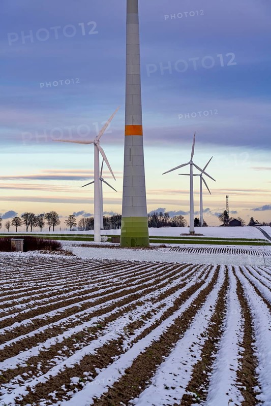 Wind farm, north of Lichtenau, self-proclaimed energy town, over 190 wind turbines and over 1200 solar panels generate 10 times as much electricity as the community of 11, 900 inhabitants consumes, largest onshore cluster of wind turbines in Germany, winter, slightly snow-covered landscape, North Rhine-Westphalia, Germany