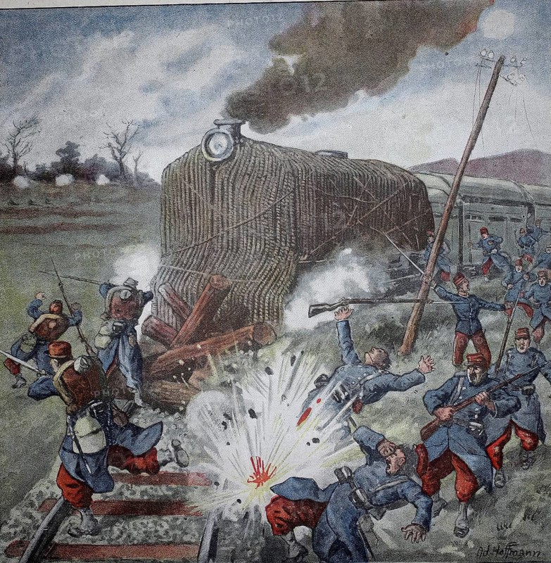 World War 1, Attack on German trenches by an enemy armoured train, here a train whose locomotive is protected against shellfire by a layer of strong ropes (original picture text from 1915, original colouring), Illustration, Reproduction from a 19th century original. Authentic, file restored for optimal use, exact date of original unknown, Historical, A train is hit by an explosion, Soldiers in motion and chaotic scene