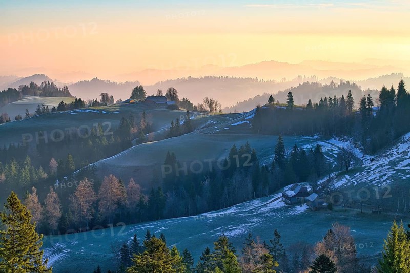 Morning atmosphere over hilly landscape, Ahornalp, Canton of Lucerne, Switzerland
