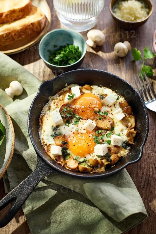 Fried eggs with spinach, mushrooms, grated cheese and feta cheese in small cast iron skillet. Top view