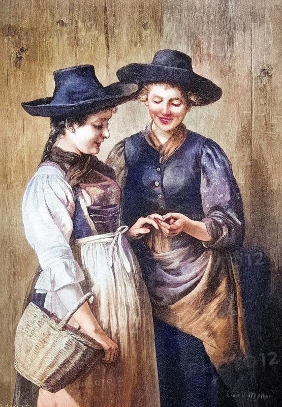 Two woman looking at an engagement ring, coloured wood engraving, reproduction from a model from ca 1888, Historical, Two woman in traditional dress smiling while looking at each other