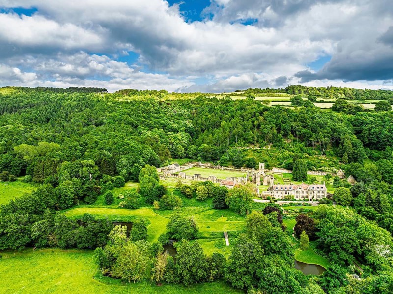 Mount Grace Priory, House and Gardens from a drone, East Harlsey, North Yorkshire, England, United Kingdom