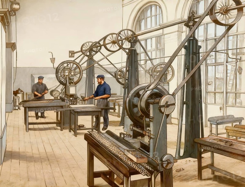 Historical illustration, 19th Century, engine room at the Royal Mint in London, industrial coin production via a central belt drive on the ceiling