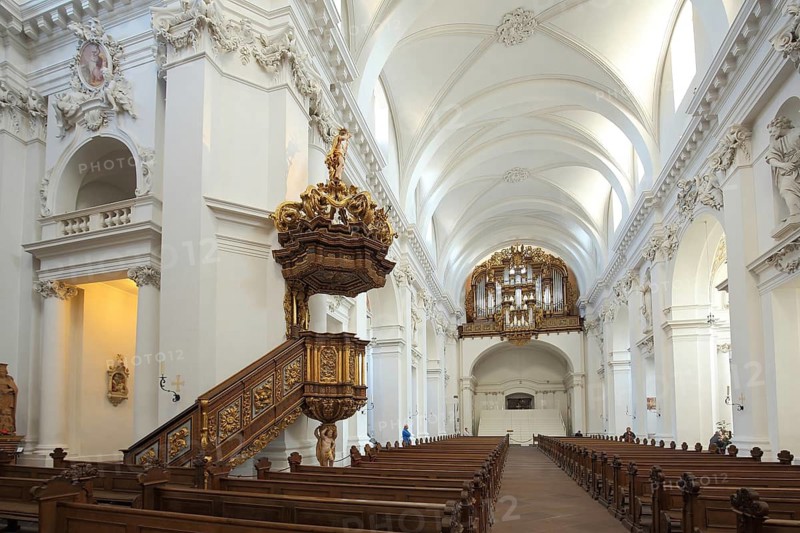 Magnificent pulpit and organ, baroque cathedral, interior view, Fulda, Hesse, Germany