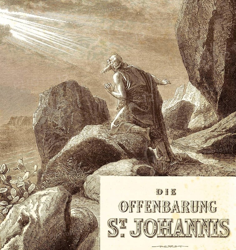 Picture introducing the Revelation of the Apostle John, secrets of the seven lights and stars, New Testament, ray of light, clouds, mountains, rocks, cactus, looking at the sky, Bible, historical illustration 1850