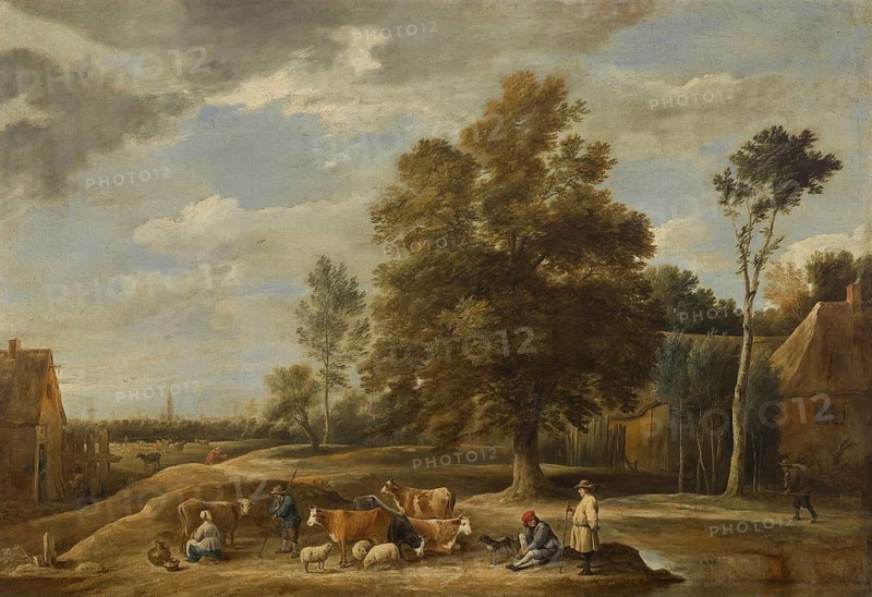 Village landscape with shepherds, a milkmaid, cattle, sheep and a dog, with a town behind, painting by David Teniers (baptised 15 December 1610 in Antwerp, died 25 April 1690 in Brussels), Flemish painter, draughtsman and curator. He was an innovator in a variety of genres such as history painting, genre painting, landscape, portrait and still life. He is most remembered today as the leading Flemish genre painter of his time, reproduction from a 17th century painting. Authentic, file restored for optimal use, exact date of original unknown