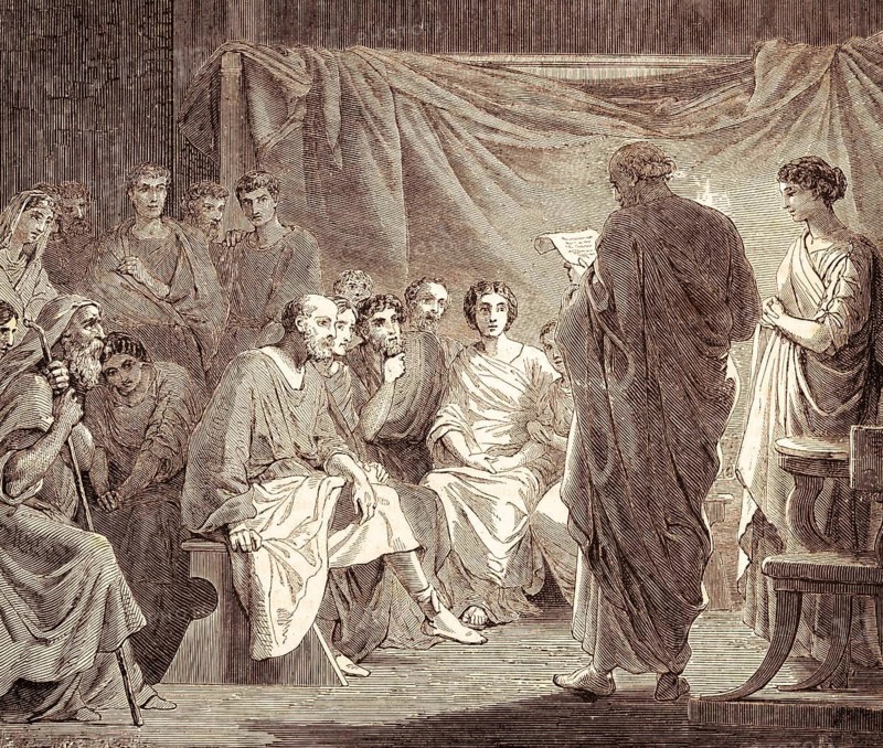 Meeting of the first Christians in Rome, the letter of Saint Paul is read aloud, epistle Paul to the Romans, chapter 1, verse 1, New Testament, letter, interior, read aloud, listener, attention, interest, group, Bible, historical illustration 1850