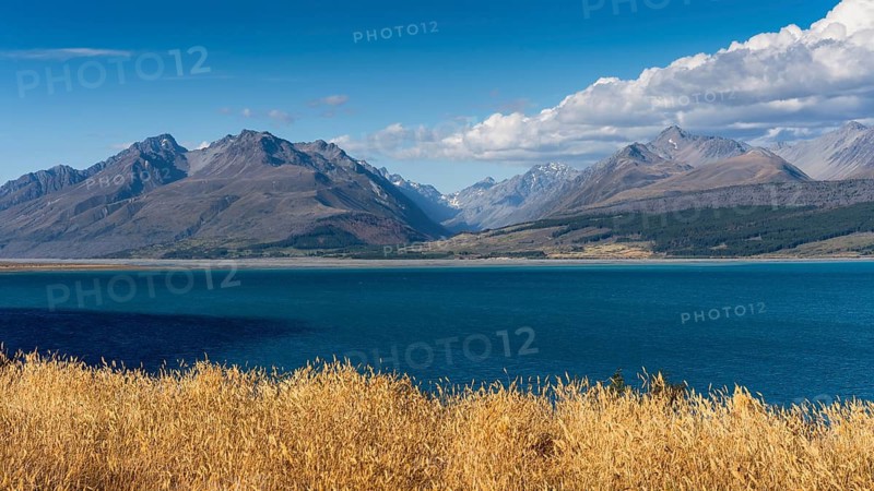 Landscape with mountains and lake. Lake Pukaki, Canterbury, South Island, New Zealand