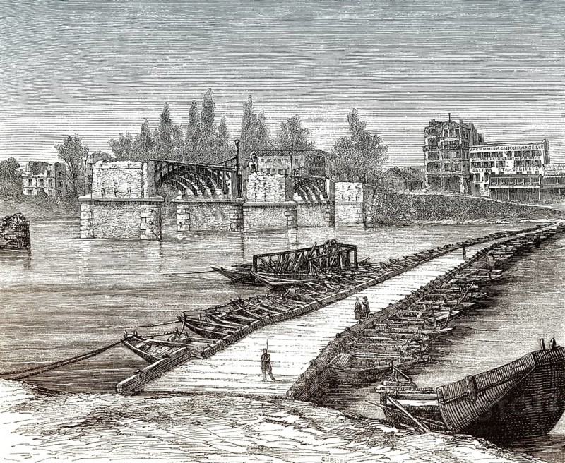 Zerstörte Brücke, mit Pontonbrücke daneben, Asnières, die Belagerung und die Kommune von Paris